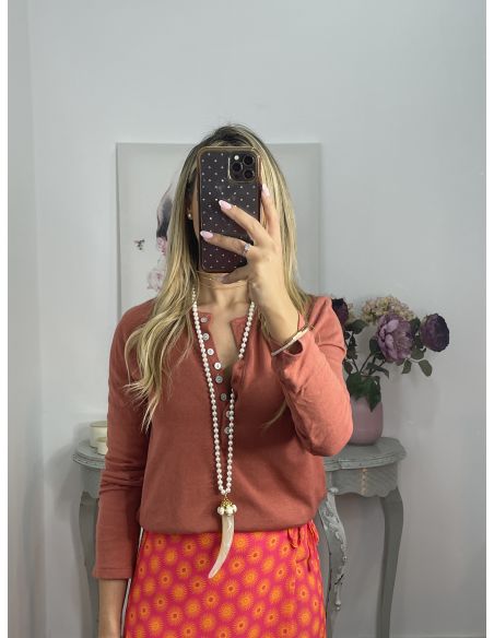 Camiseta algodón botones teja