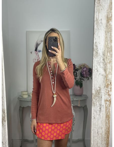 Camiseta algodón botones teja