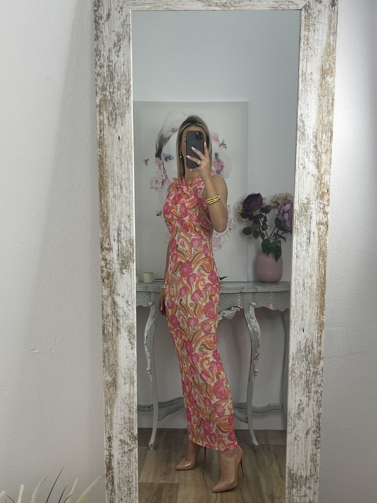 Vestido tull de punto estampado naranja y rosa