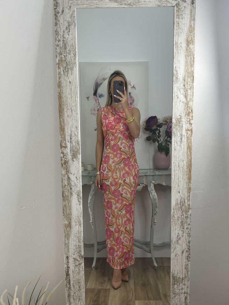 Vestido tull de punto estampado naranja y rosa