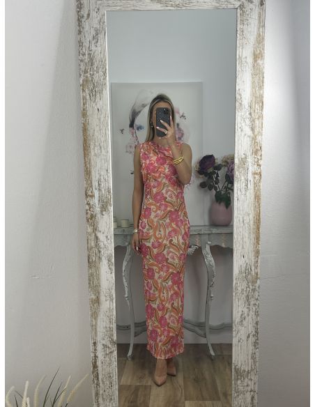 Vestido tull de punto estampado naranja y rosa
