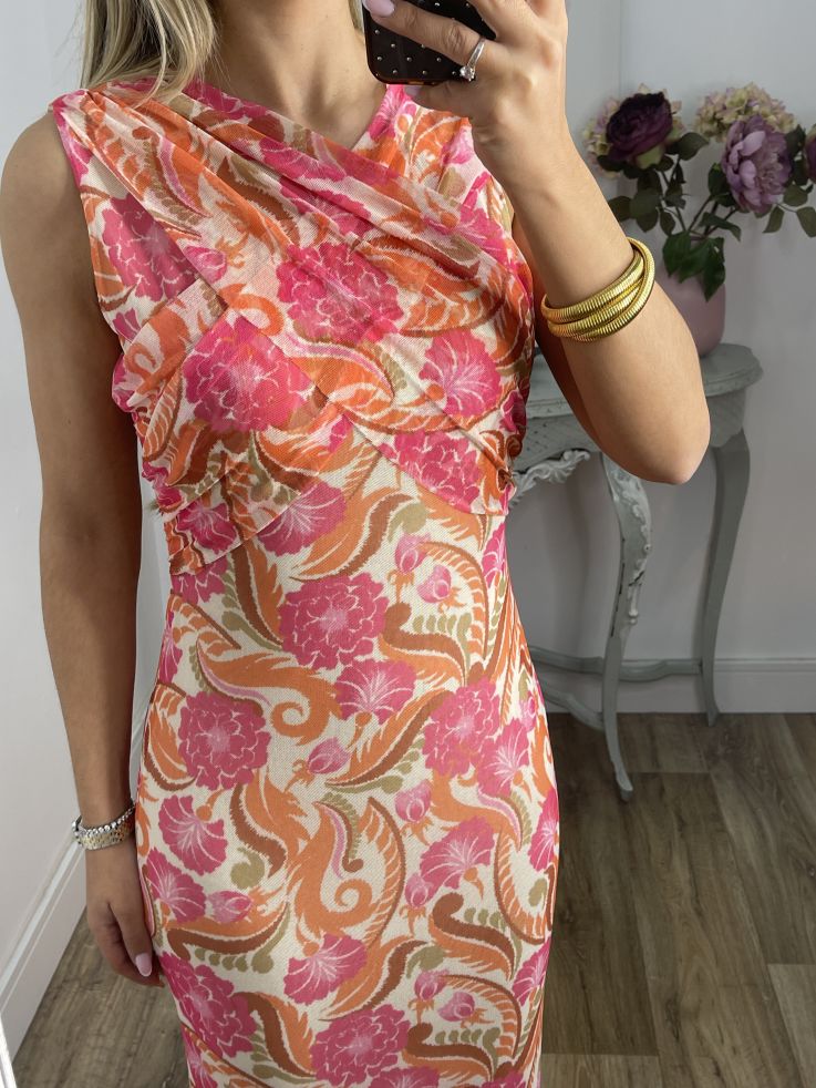 Vestido tull de punto estampado naranja y rosa