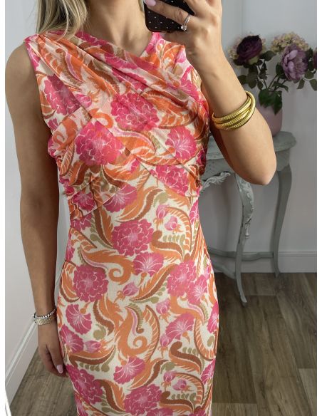 Vestido tull de punto estampado naranja y rosa