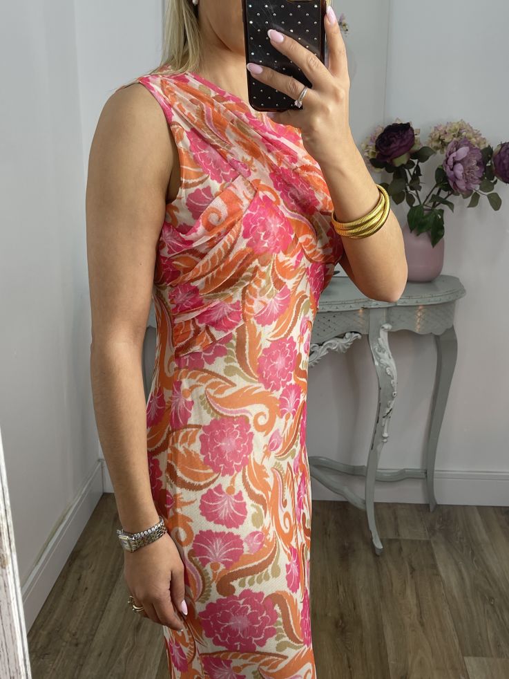 Vestido tull de punto estampado naranja y rosa