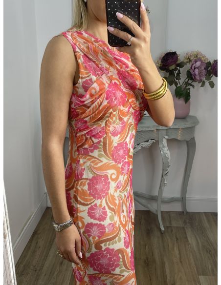 Vestido tull de punto estampado naranja y rosa