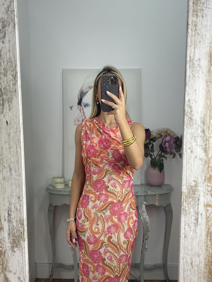 Vestido tull de punto estampado naranja y rosa