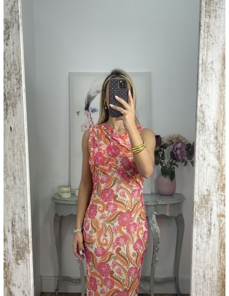 Vestido tull de punto estampado naranja y rosa