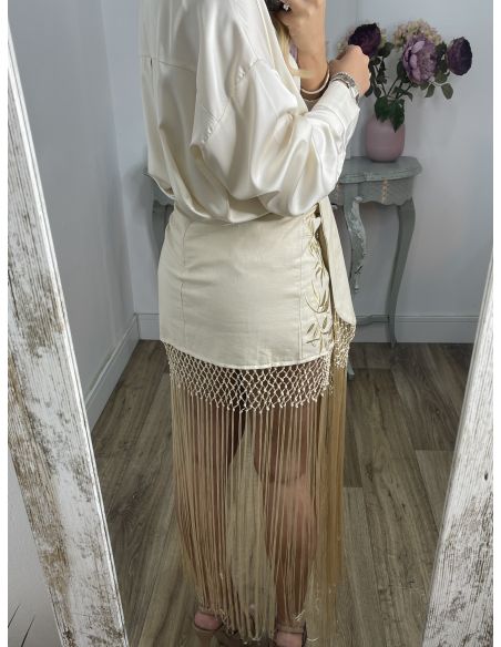 Falda pantalón beige bordados con flecos