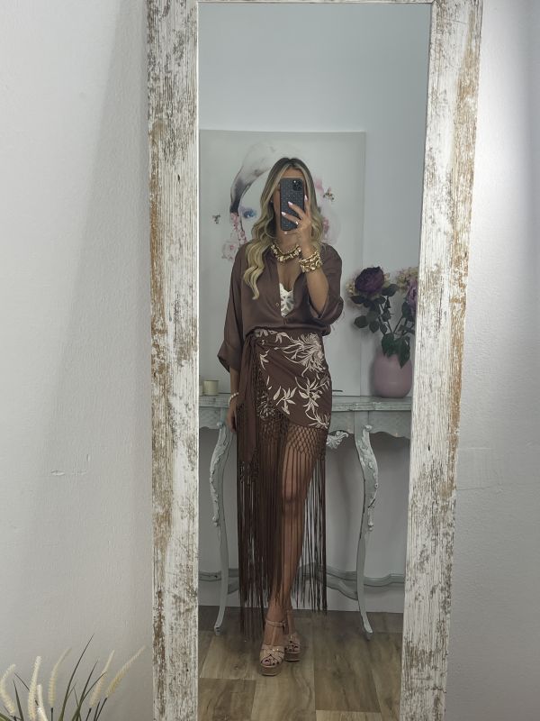 Falda pantalón chocolate bordados con flecos