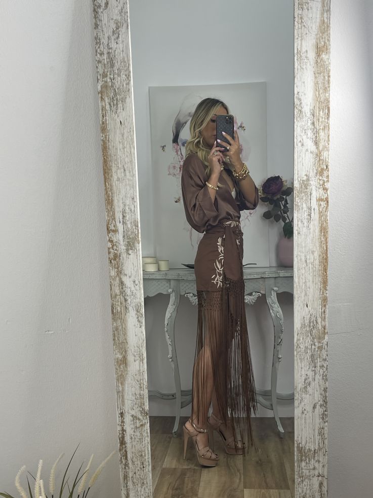 Falda pantalón chocolate bordados con flecos