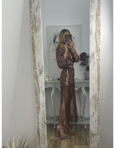 Falda pantalón chocolate bordados con flecos