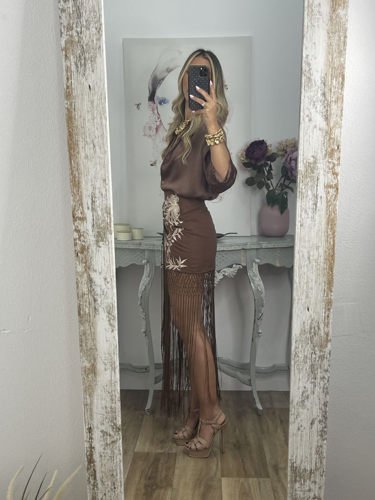 Falda pantalón chocolate bordados con flecos