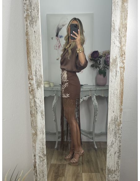 Falda pantalón chocolate bordados con flecos