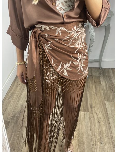Falda pantalón chocolate bordados con flecos