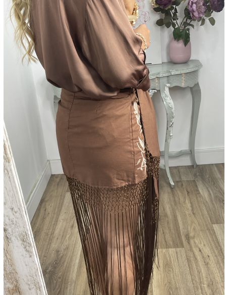 Falda pantalón chocolate bordados con flecos