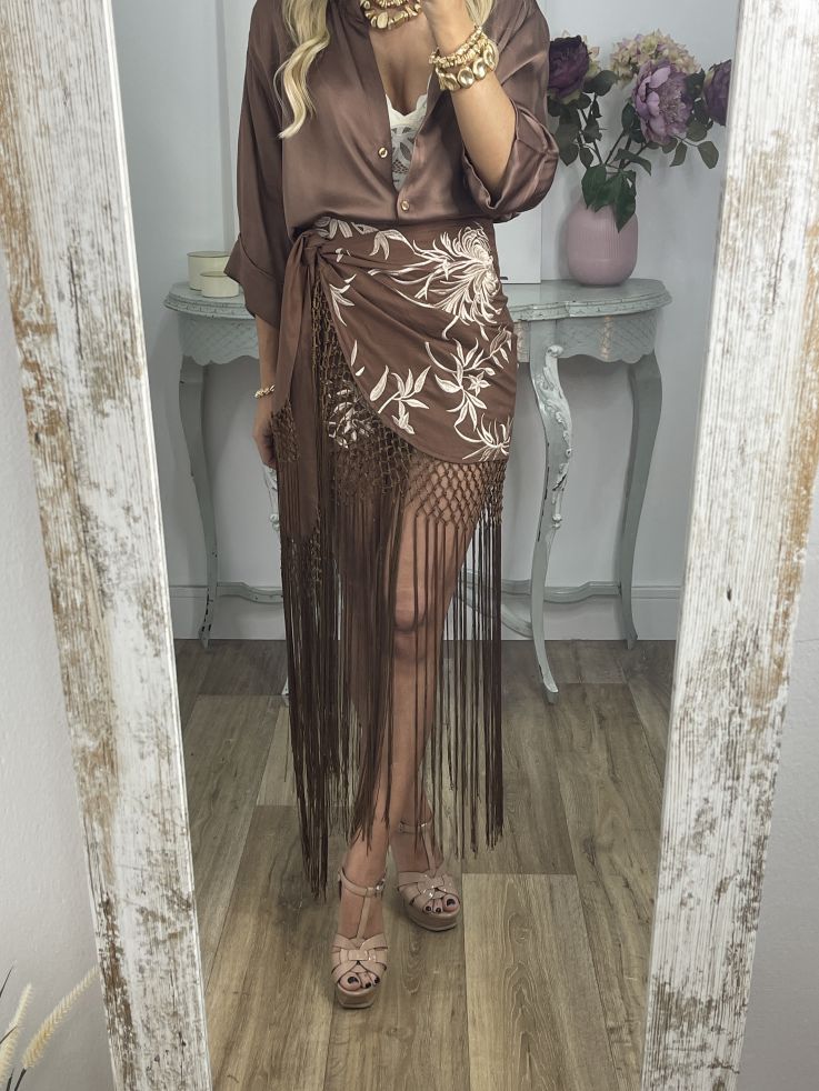 Falda pantalón chocolate bordados con flecos