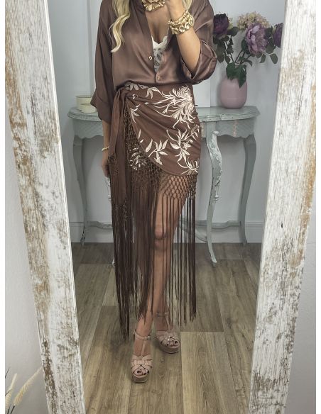 Falda pantalón chocolate bordados con flecos