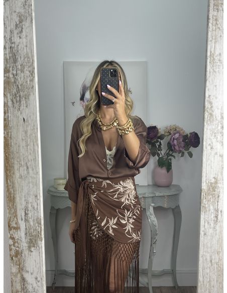Falda pantalón chocolate bordados con flecos