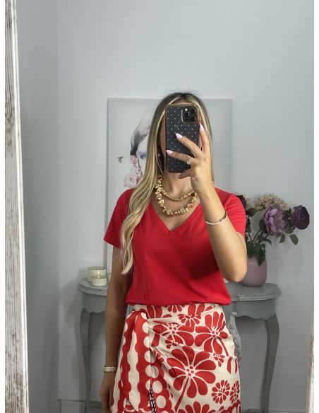 Camiseta manga corta roja cuello de pico