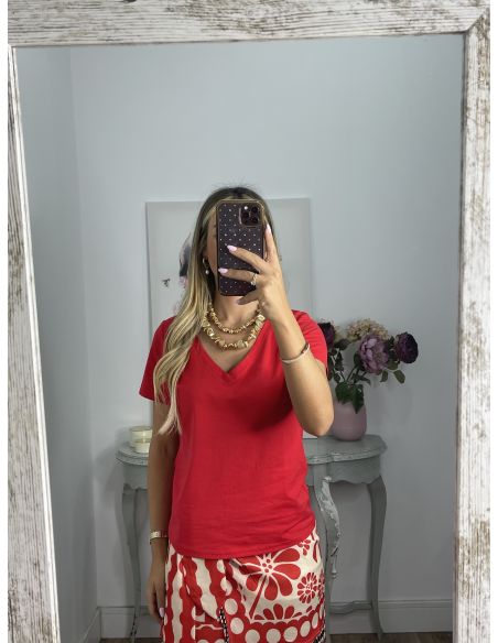 Camiseta manga corta roja cuello de pico