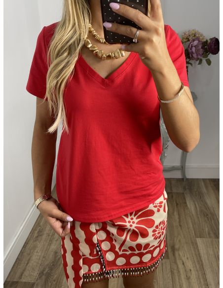 Camiseta manga corta roja cuello de pico