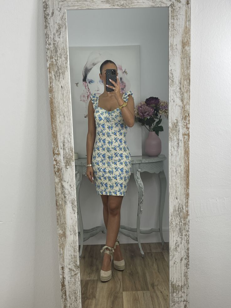 Vestido Gala corto flores azules