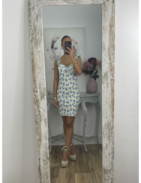 Vestido Gala corto flores azules