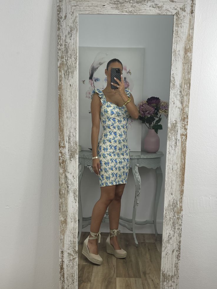 Vestido Gala corto flores azules