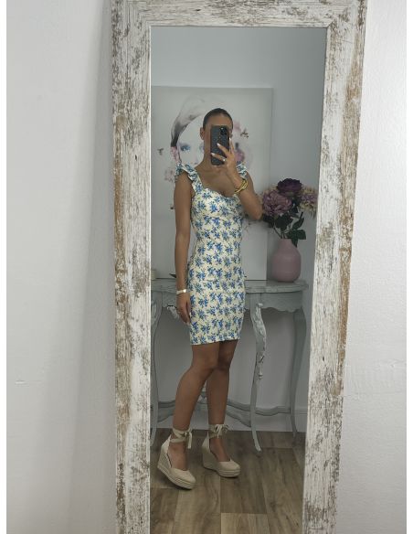 Vestido Gala corto flores azules