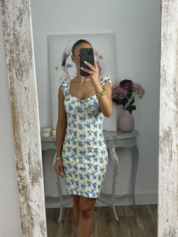 Vestido Gala corto flores azules