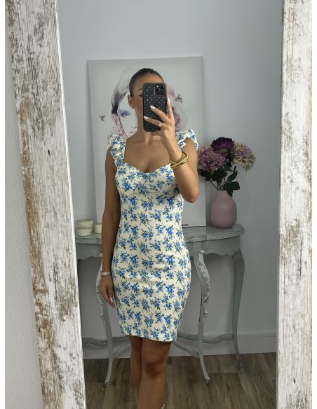 Vestido Gala corto flores azules