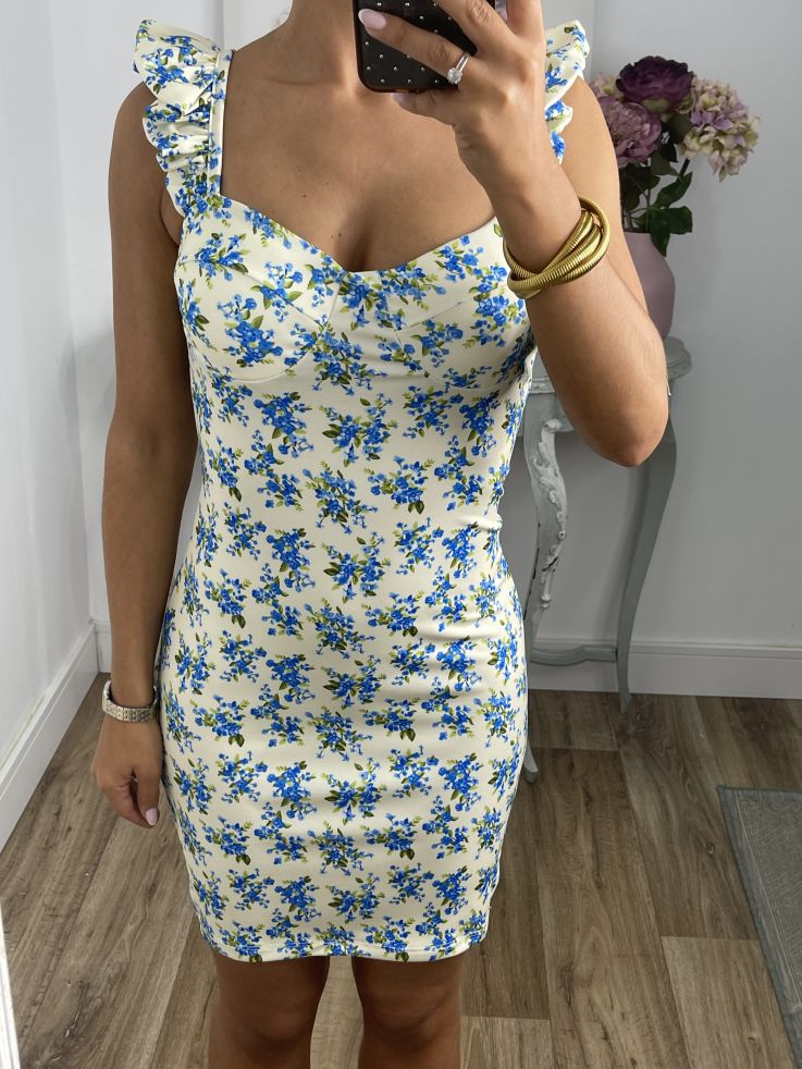 Vestido Gala corto flores azules