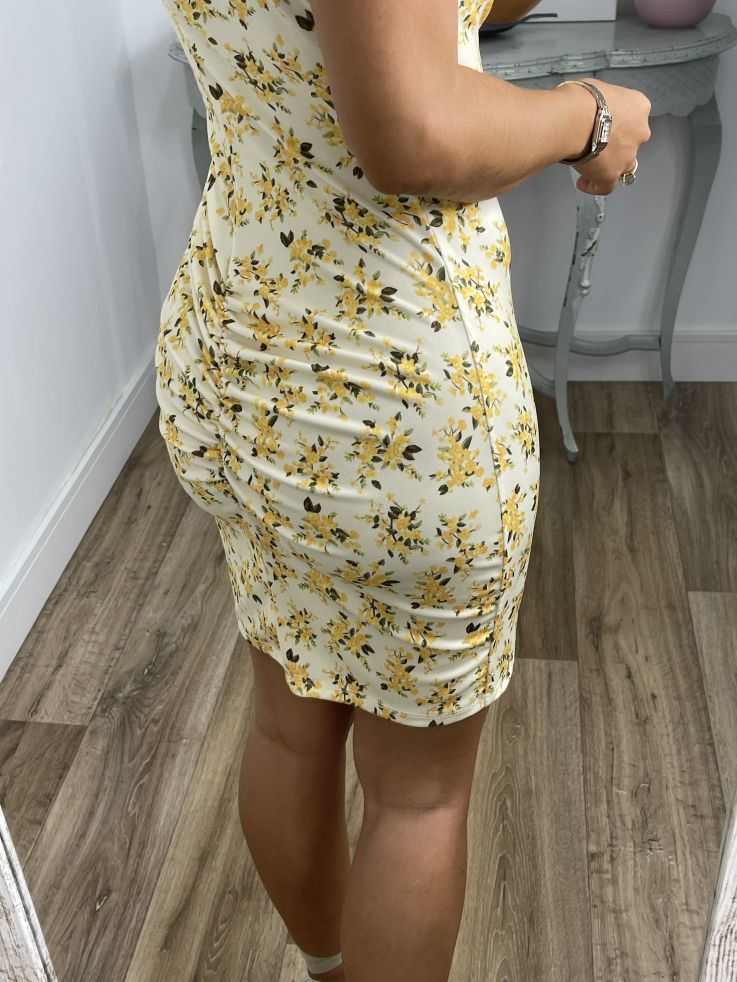 Vestido Gala corto flores amarillas