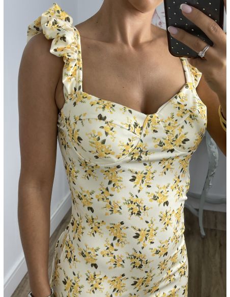 Vestido Gala corto flores amarillas