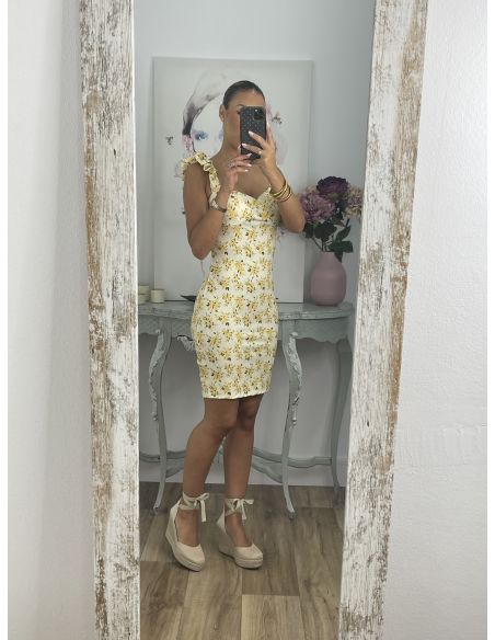 Vestido Gala corto flores amarillas