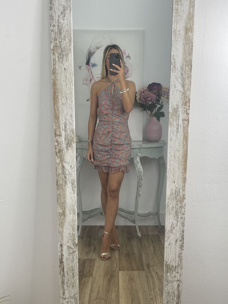 Vestido Giyer naranja y turquesa