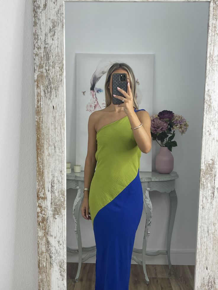 Vestido asimétrico verde y azul