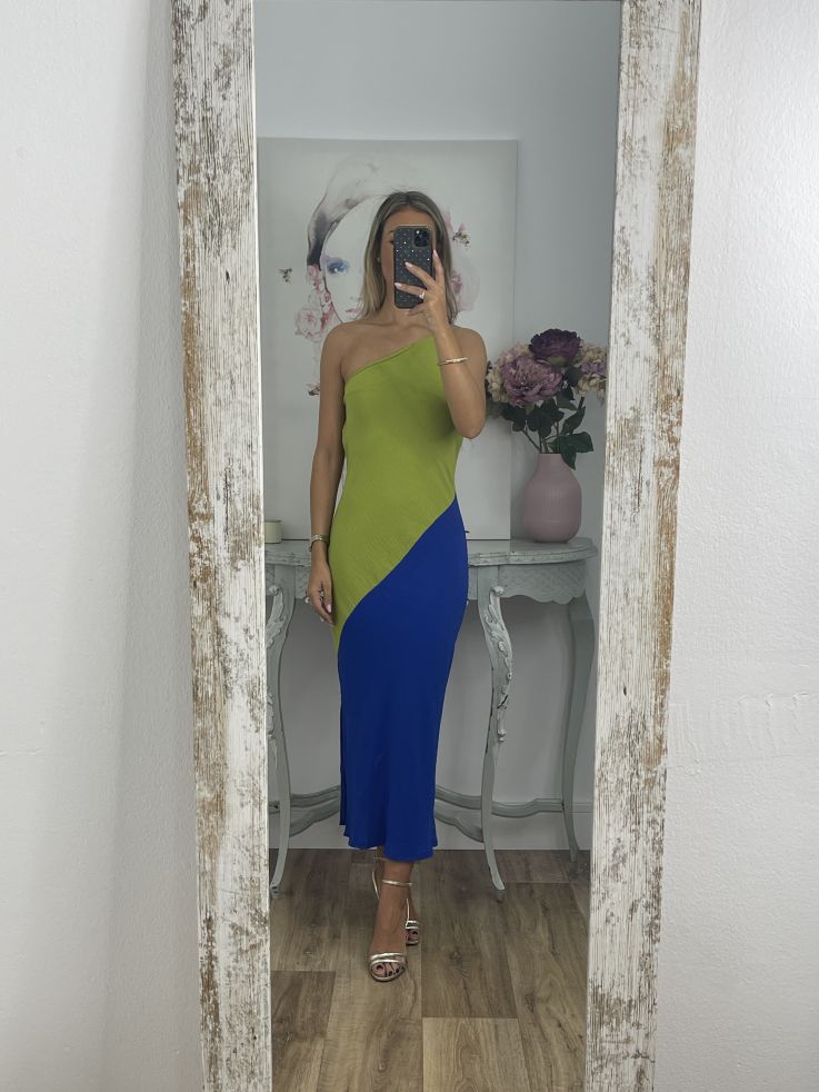 Vestido asimétrico verde y azul