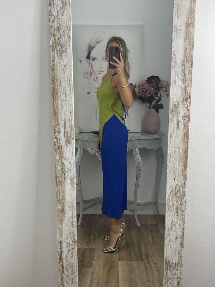 Vestido asimétrico verde y azul