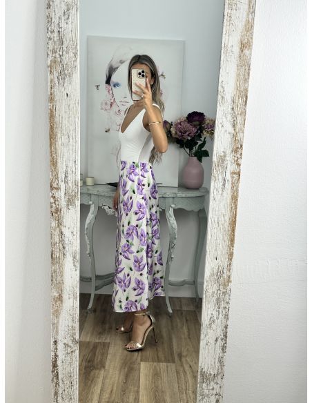 Falda de flores satinada malva