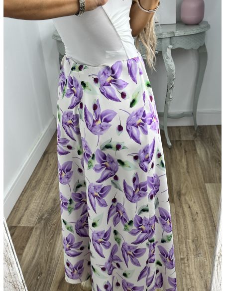 Falda de flores satinada malva