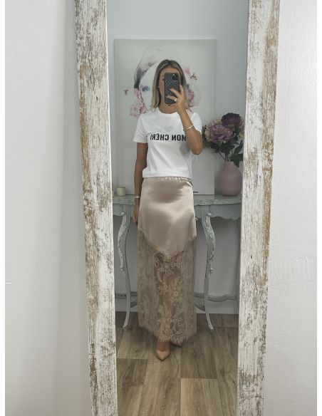 Falda satinada con puntilla camel