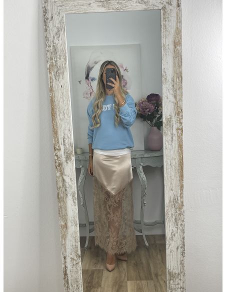 Falda satinada con puntilla camel