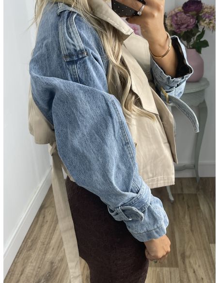 Gabardina corta beige y vaquera