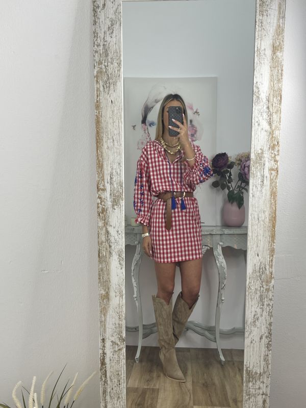 Vestido Cuadros vichy rojo con bordados
