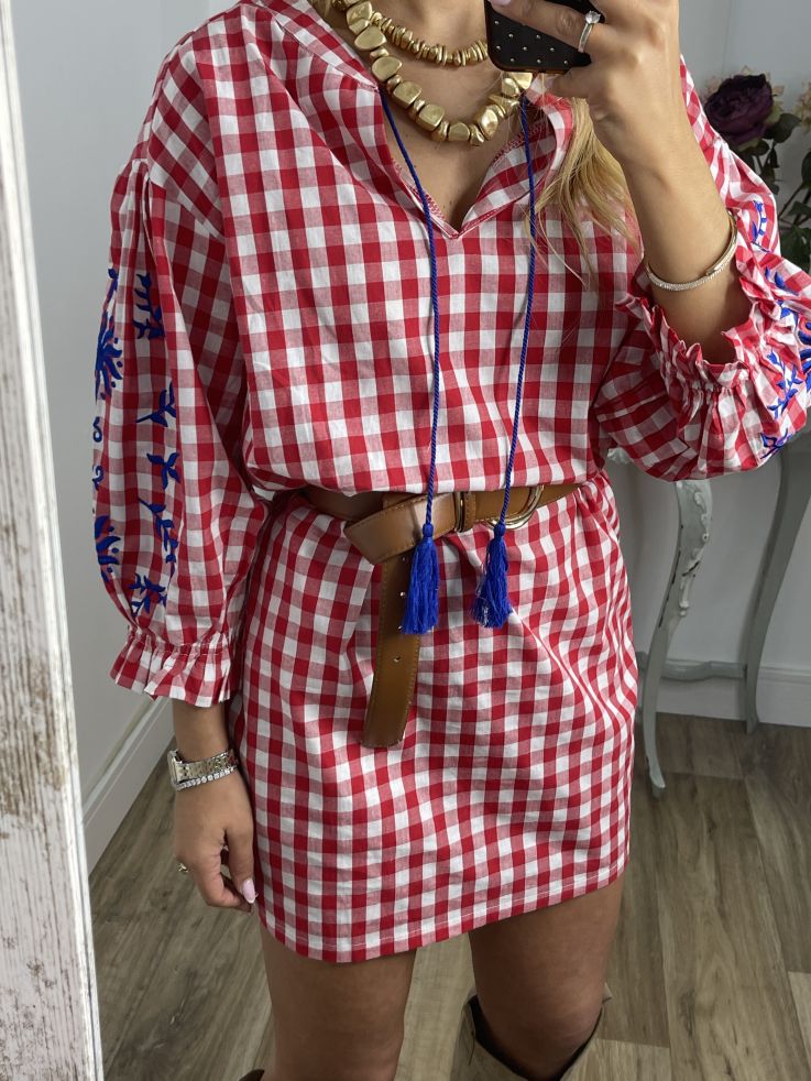 Vestido Cuadros vichy rojo con bordados