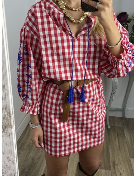 Vestido Cuadros vichy rojo con bordados