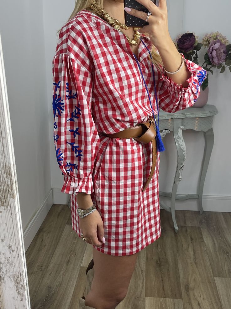Vestido Cuadros vichy rojo con bordados