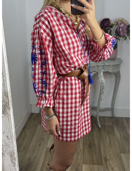 Vestido Cuadros vichy rojo con bordados