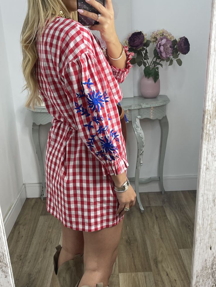 Vestido Cuadros vichy rojo con bordados